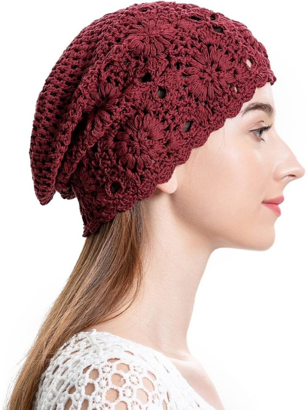 Women's Cotton Crochet Slouchy Beanie Hat Knit Summer Skull Cap Burgundy Red